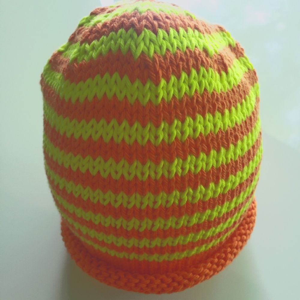 Glow-in-Dark Neon And Orange Striped Handknit Cotton Beanie Hat